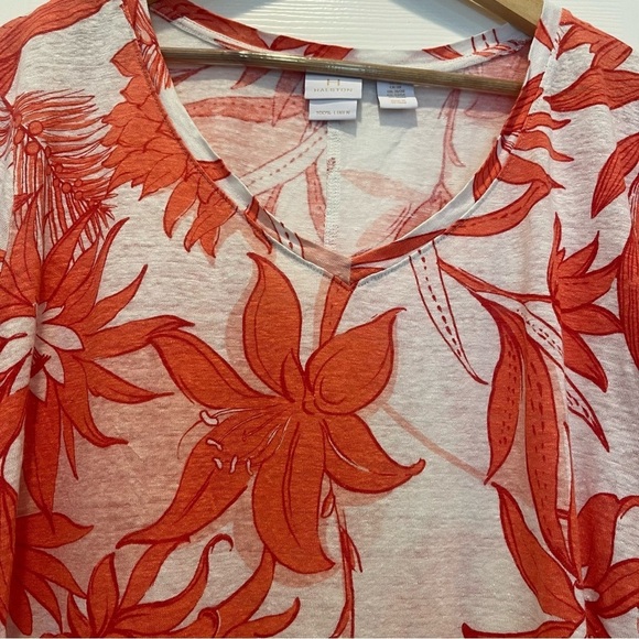 H By Halston Tee Shirt Women’s 2XL Coral Floral 100% Linen Blouse Top Colorful - Picture 4 of 8